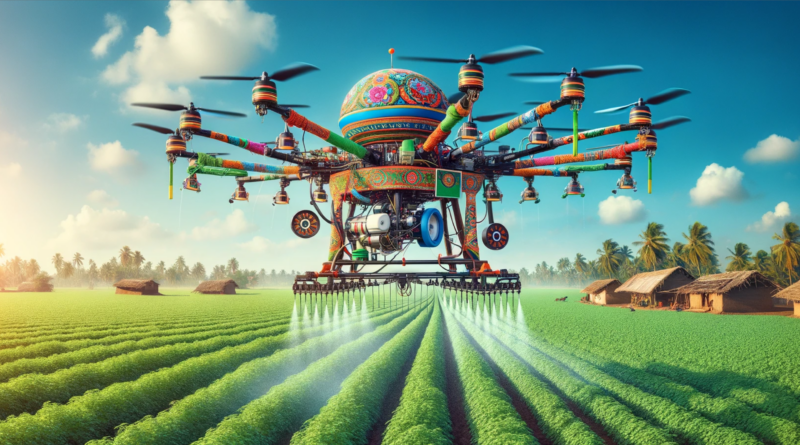 ChatGPT & DALL-E generated image of an agricultural spray drone with an India motif spraying a field of lentils